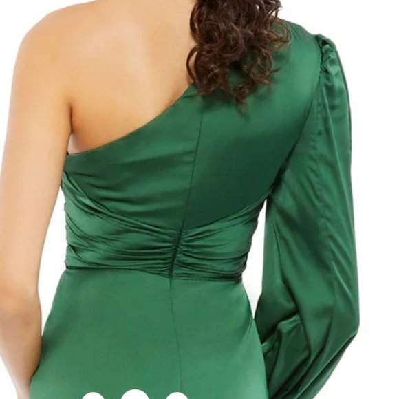 MAC DUGGAL 11251 ONE SHOULDER LONG SLEEVE DRAPED CHARMEUSE EMERALD GREEN sz 4 - Picture 4 of 6